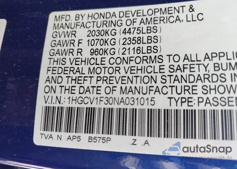 2022 Honda Accord Sport z USA, uszkodzony, nr VIN 1HGCV1F30NA031015